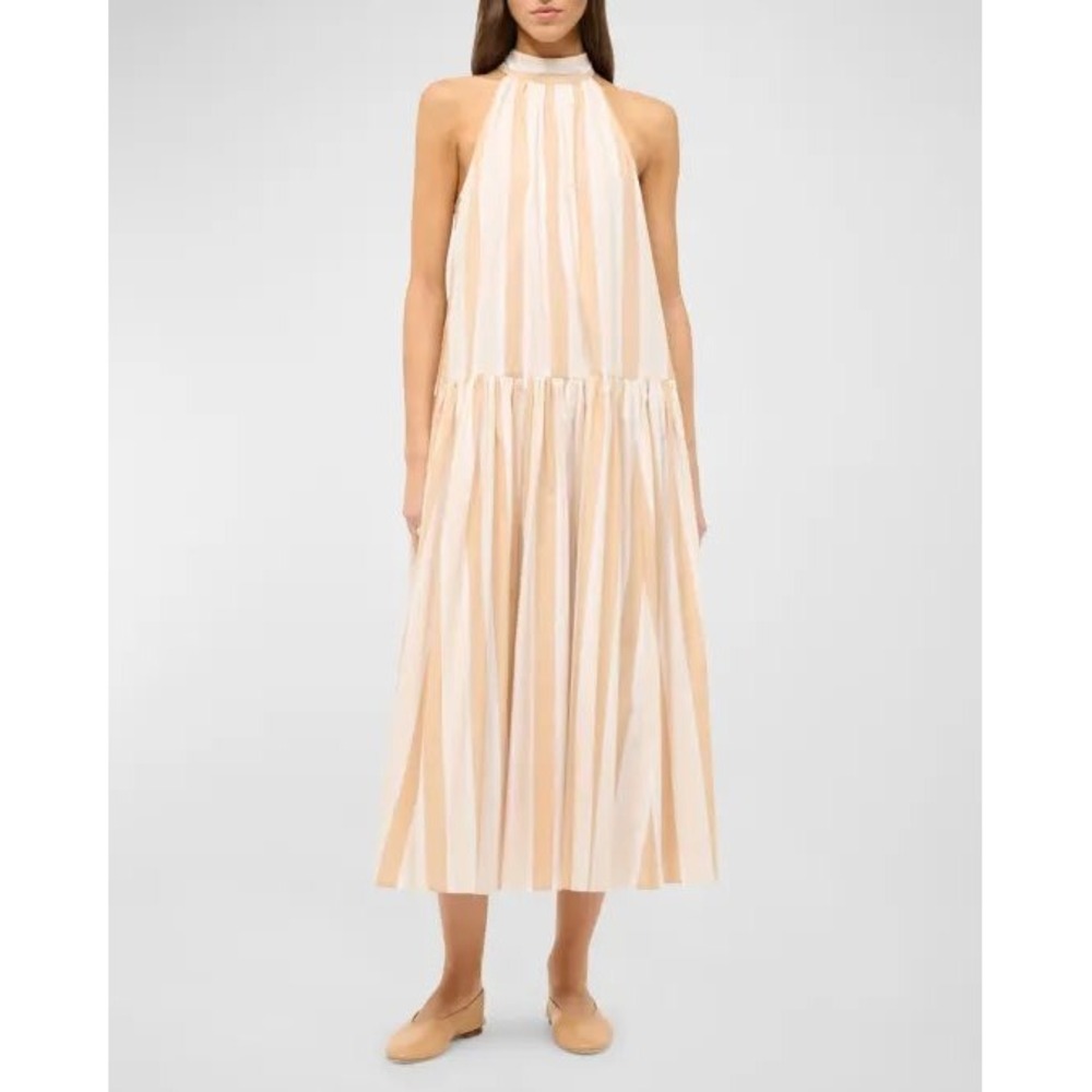 STAUD Marlowe Neck-Tie Sleeveless Poplin Stripe Midi Dress Tan White Medium